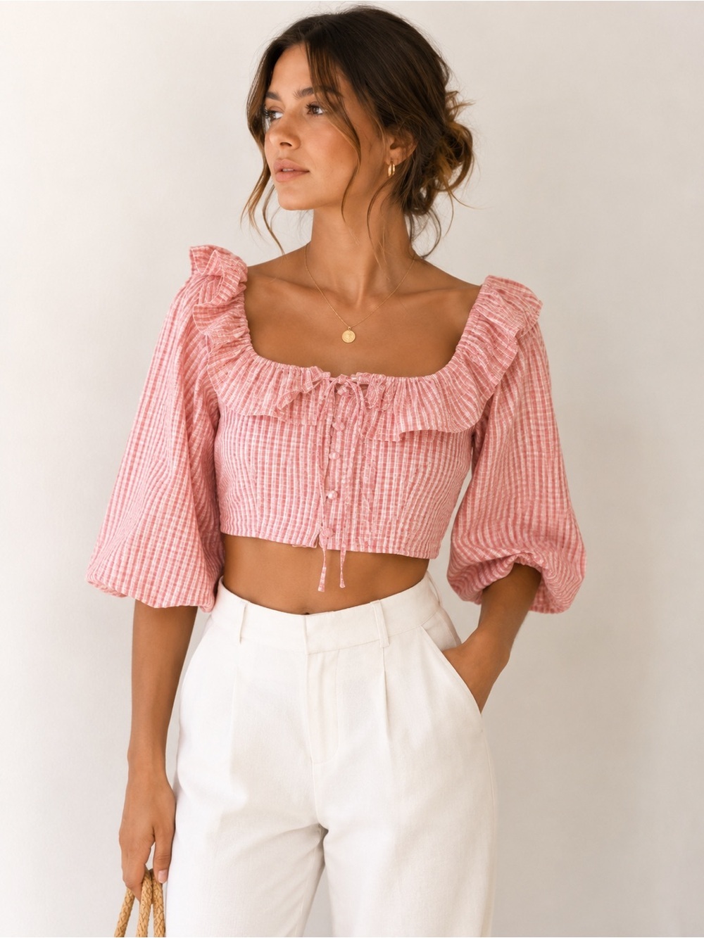 ZARA Gingham Milkmaid Crop Top Pink Puff Sleeve Cottagecore Prairie Size L NWT